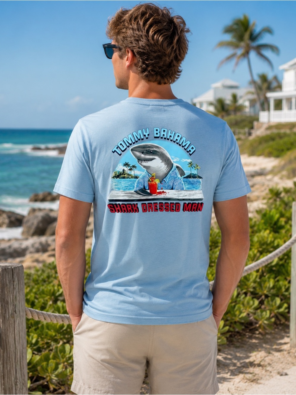 Tommy Bahama Shark Dressed Man Graphic Tee NWT Blue Stream size Medium